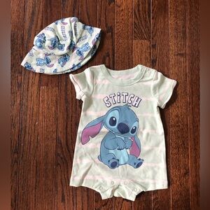 Disney Baby 3-6M Stitch Green Striped Short-Sleeve One Piece w/Matching Hat NWOT
